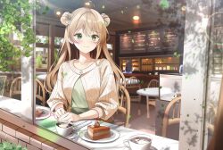  3girls ahoge aizawa_(aizawatsu) alternate_costume blonde_hair blush brown_cardigan cafe cake cake_slice cardigan chair closed_mouth collarbone commentary cup dot_nose double_bun food girls_frontline green_eyes green_shirt hair_bun highres long_hair long_sleeves looking_at_viewer looking_outside multiple_girls on_chair open_cardigan open_clothes rfb_(girls'_frontline) shirt sitting smile upper_body 