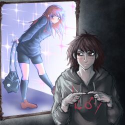 1boy 1girl 4chan 4chan_(/lgbt/) absurdres adam's_apple antenna_hair arms_behind_back ayayera bad_anatomy bag bags_under_eyes black_background black_bag black_hoodie black_shorts black_socks blunt_bangs blush boymoder breasts brown_hair brown_shoes closed_mouth clothes_writing collarbone commentary different_reflection drawstring dual_persona empty_eyes english_commentary facing_viewer fingernails full_body gender_dysphoria glowing hands_up hatching_(texture) highres holding holding_bag hood hood_down hoodie index_fingers_together kneehighs long_hair long_sleeves looking_at_another looking_at_mirror looking_back mars_symbol medium_hair mirror original puffy_long_sleeves puffy_sleeves red_eyes reflection shoes short_shorts shorts sidelighting sidelocks sideways_glance simple_background sketch small_breasts smile socks sparkle standing standing_on_one_leg straight-on swept_bangs twitter_username upper_body 