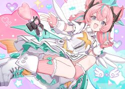  1girl aqua_hair aria_(zenless_zone_zero) blue_eyes boots bow bow_legwear commentary_request crossed_bangs dress fingerless_gloves footwear_bow gloves green_bow hair_between_eyes hand_up highres icomochi long_hair looking_at_viewer multicolored_hair open_mouth pink_gloves pink_hair pink_socks second-party_source short_sleeves smile socks solo streaked_hair symbol-shaped_pupils white_boots white_dress zenless_zone_zero 