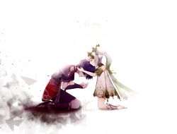  1boy 1girl absurdres anklet armlet armor black_kimono black_sandals black_shorts black_sleeves blunt_ends cape closed_eyes closed_mouth colored_tips detached_sleeves dress english_text eyelashes facing_down facing_to_the_side fingernails from_side furisode genshin_impact gold_trim green_cape green_hair green_sleeves grey_trim hair_ornament head_down heart heart_hair_ornament highres japanese_armor japanese_clothes jewelry kimono kote kurokote layered_sleeves lexeliris long_hair multicolored_hair nahida_(genshin_impact) negative_space o-ring open_hands pointy_ears profile purple_hair purple_sash purple_sleeves red_sash sandals sash scaramouche_(genshin_impact) short_sleeves shorts side_ponytail sidelocks sideways_mouth signature smile socks stirrup_footwear stirrup_legwear streaked_hair toeless_legwear toes twitter_username white_background white_dress white_hair white_socks zouri 