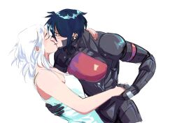  2girls android ariane_yeong bare_arms blue_hair closed_eyes cowboy_shot dress elster_(signalis) hand_on_another's_back highres holding_hands kisexey kiss metal_skin multiple_girls short_hair signalis simple_background sleeveless sleeveless_dress smile white_background white_dress white_hair yuri 