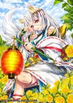  1girl animal_ears breasts cleavage company_name copyright_name detached_sleeves field flower flower_field fox_ears fox_tail hair_ornament holding japanese_clothes lampion long_hair looking_at_viewer lying official_art original red_eyes renta_(deja-vu) silver_hair solo tail tenka_touitsu_chronicle 