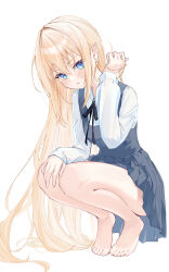  1girl bare_legs barefoot black_ribbon blonde_hair blue_dress blue_eyes commentary_request dress feet frown full_body hand_on_own_knee hand_up highres knees legs_together long_hair long_sleeves looking_at_viewer neck_ribbon omo_omochi_zzz original pinafore_dress ribbon shirt simple_background sleeveless sleeveless_dress solo squatting sweatdrop thighs toes very_long_hair white_background white_shirt 
