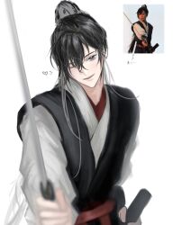  1boy black_eyes black_hair black_hanfu blurry blurry_foreground chinese_clothes commentary_request grey_eyes grey_shirt hair_between_eyes hanfu heart highres holding holding_sheath holding_sword holding_weapon jian_(weapon) long_hair long_sleeves looking_at_viewer male_focus modao_zushi official_alternate_costume one_eye_closed open_mouth parted_lips ponytail red_sash reference_inset sash sheath shirt simple_background smile solo sub2nm suibian_sword sword upper_body weapon wei_wuxian wei_wuxian_(yunmeng_clan) white_background 