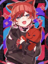  1boy :3 animal_ears aqua_eyes bell black_choker black_hair black_nails black_shirt blush cat_boy cat_ears chain choker claw_pose facing_viewer fangs four-pointed_star hashtag-only_commentary highres holding holding_stuffed_toy holostars holostars_english kemonomimi_mode layered_sleeves long_sleeves machina_x_flayon male_focus multicolored_eyes multicolored_hair nail_polish neck_bell outline panipa red_eyes red_hair shirt sleeve_zipper sleeves_past_wrists solo stuffed_animal stuffed_toy teddy_bear virtual_youtuber white_outline 