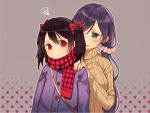  2girls :d black_hair bow green_eyes hair_bow hair_ribbon long_hair love_live!_school_idol_project misoni_comi multiple_girls open_mouth purple_hair red_eyes ribbed_sweater ribbon scarf smile sweat sweater toujou_nozomi twintails winter_clothes winter_coat yazawa_nico 