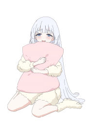  1girl :d absurdres blue_eyes blush boots cho_kaguya-hime! commentary fluffy_clothes full_body grey_hair highres hugging_object long_hair long_sleeves looking_at_viewer open_mouth pillow runami_yachiyo shirt shorts simple_background sitting smile solo straight_hair thereaakari thick_eyebrows very_long_hair wariza white_background yellow_boots yellow_shirt yellow_shorts 