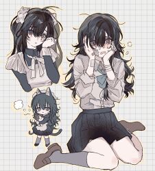  1girl :< animal animal_ears animalization apron bandaged_fingers bandaged_wrist bandages bandaid bandaid_on_cheek bandaid_on_face bandaid_on_finger bandaid_on_hand black_hair black_skirt blue_bow blue_bowtie blush bow bowtie breath brown_shoes cat cat_ears cat_girl cat_tail chibi chibi_inset collared_shirt crying crying_with_eyes_open degrees_of_lewdity double-parted_bangs dress_shirt freesia_quan green_eyes grey_background grey_socks grid_background hair_between_eyes hair_ornament hair_over_one_eye hair_scrunchie hands_on_own_cheeks hands_on_own_face head_tilt high-waist_skirt highres holding holding_animal holding_cat kneehighs kylar_(degrees_of_lewdity) kylar_(female)_(degrees_of_lewdity) loafers long_hair long_sleeves looking_ahead looking_at_viewer loose_bowtie loose_hair_strand maid maid_apron messy_hair miniskirt multiple_views open_collar open_mouth outline pale_skin person_and_animalization player_character_(degrees_of_lewdity) player_character_(female)_(degrees_of_lewdity) pleated_skirt raised_inner_eyebrows red_pupils ringed_eyes rubbing_eyes school_uniform scrunchie shirt shirt_tucked_in shoes simple_background sitting skirt socks tail tears twintails wariza white_apron white_scrunchie white_shirt wing_collar yellow_outline 
