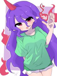  1girl :d blush breasts collarbone commentary fire green_shirt green_shorts hair_between_eyes hand_up highres horns long_bangs long_hair looking_at_viewer medium_breasts open_mouth pointy_ears red_eyes shirt shorts signature single_horn smile soesoe300 solo t-shirt tenkajin_chiyari touhou very_long_hair violet_eyes 