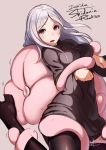  1girl black_legwear boots breast_lift breasts character_request high_heel_boots high_heels moriyama_yuuki open_mouth pantyhose restrained ribbed_sweater sidonia_no_kishi signature silver_hair simple_background sweater tentacles turtleneck violet_eyes wide_sleeves 