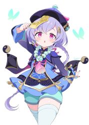  1girl :o aqua_shorts arm_up artist_name bandaged_leg bandages bead_necklace beads black_nails blue_dress blush braid braided_ponytail bug butterfly cape china_dress chinese_clothes coin_hair_ornament commentary_request cowboy_shot crossed_bangs dress earrings eyelashes fingernails floating_hair frilled_sleeves frills genshin_impact hair_ornament hat hat_tassel highres jewelry jiangshi kamuraaa_615 long_hair long_sleeves looking_at_viewer nail_polish necklace ofuda ofuda_on_head open_mouth orb parted_bangs purple_cape purple_hair purple_hat qingdai_guanmao qiqi_(genshin_impact) short_shorts shorts signature simple_background single_braid solo tassel thigh-highs thighs very_long_hair violet_eyes vision_(genshin_impact) white_background white_thighhighs wide_sleeves yin_yang yin_yang_orb 