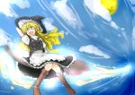  1girl apron blonde_hair boots braid broom broom_riding cross-laced_footwear hat kirisame_marisa monrooru open_mouth side_braid sky solo touhou waist_apron witch_hat yellow_eyes 