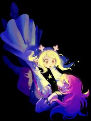  2girls antlers armlet black_background blonde_hair bracelet closed_eyes commentary deer_antlers deer_girl deltarune dress floating hashtag-only_commentary highres holding_hands horns jewelry long_hair long_sleeves multiple_girls nameko212 noelle_holiday noelle_holiday_(dark_world) purple_hair reptile_girl sharp_teeth smile spiked_armlet spiked_bracelet spikes star_(symbol) star_in_eye susie_(dark_world)_(deltarune) susie_(deltarune) symbol_in_eye teeth utdr_(toby_fox) white_dress 