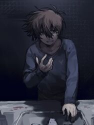  1boy alternate_eye_color antenna_hair bathroom blue_sweater brown_eyes brown_hair commentary dark-skinned_male dark_skin double-parted_bangs english_commentary faucet hair_between_eyes hero_(faraway)_(omori) hero_(omori) leaning_forward long_sleeves male_focus omori parted_lips sink smile solo sweater yh_sleeping 