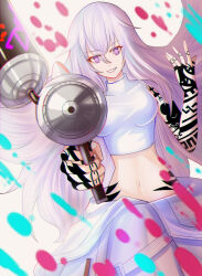  1girl absurdres arm_tattoo bare_shoulders belt breasts bright_pupils clothes_around_waist commentary eyeshadow finger_tattoo graffiti guernica_(p5t) hair_between_eyes hand_tattoo hand_up highres hip_tattoo holding holding_water_gun jacket jacket_around_waist large_breasts long_hair loose_belt makeup navel paint_splatter pants persona persona_5 persona_5_tactica red_eyeshadow sarah_ang shirt shoes sleeveless sleeveless_shirt smile smirk solo tank_top tattoo tattoo_sleeve very_long_hair violet_eyes water_gun white_background white_belt white_hair white_jacket white_pants white_pupils white_tank_top 