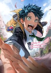  1boy 1other backpack bag black_jacket black_pants black_suit blue_sky boku_no_hero_academia cherry_blossoms collared_shirt commentary_request day falling falling_petals freckles green_eyes green_hair green_necktie highres jacket korean_commentary kuby_hq looking_at_viewer male_focus midoriya_izuku necktie open_mouth pants petals pink_petals reaching reaching_towards_viewer scar scar_on_face shirt sky solo_focus suit sunlight sweatdrop teeth white_shirt yellow_bag 