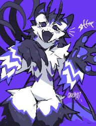  1other antennae body_fur dragon_girl fangs fish_skeleton furry jellychuz multicolored_fur original other_focus pawpads purple_background purple_fur simple_background solo white_fur 