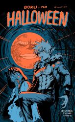  2boys abs all_might animal_ears bakugou_katsuki boku_no_hero_academia commentary copyright_name english_text freckles fur-trimmed_jacket fur_trim ghost_costume halloween highres jacket looking_at_viewer male_focus midoriya_izuku multiple_boys open_clothes open_jacket pants pectorals short_hair smile spiky_hair toned toned_male twitter_username untranslatable_commentary watermark wolf_boy wolf_ears yeol2510 