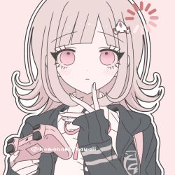  1girl black_jacket black_shirt blush collared_shirt commentary_request controller danganronpa_(series) danganronpa_2:_goodbye_despair expressionless flipped_hair game_controller hair_ornament hands_up holding holding_controller holding_game_controller jacket komanami_kawaii loading_icon long_sleeves nanami_chiaki neck_ribbon open_clothes open_jacket outline pink_eyes pink_ribbon ribbon shirt sleeves_past_wrists solo two-tone_shirt white_outline white_shirt 