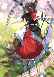  1girl boots bow brown_eyes brown_hair cherry_blossoms closed_mouth commentary_request commission detached_sleeves frilled_bow frilled_hair_tubes frilled_skirt frills gohei hair_bow hair_tubes hakurei_reimu holding holding_gohei kaigen_1025 long_hair looking_at_viewer magic_circle ofuda outdoors red_bow red_skirt ribbon-trimmed_skirt ribbon-trimmed_sleeves ribbon_trim skeb_commission skirt skirt_set solo thank_you touhou tree white_boots 