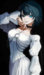  1girl absurdres alternate_costume black_background black_cape black_choker blue_eyes blue_hair blue_lips cape choker collarbone dress frilled_sleeves frills gown hand_on_own_face harness highres kiritani_haruka long_sleeves looking_at_viewer o-ring o-ring_harness project_sekai short_hair simple_background smile solo swept_bangs upper_body wawasuke white_dress 