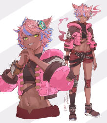  1girl alt_text animal_ears belt blue_hair brown_shoes cat_ears commentary cropped_jacket dark-skinned_female dark_skin english_commentary final_fantasy final_fantasy_xiv fingernails green_eyes grin hair_ornament highres hood hood_down hooded_jacket jacket knee_guards looking_at_viewer midriff miqo'te mugi_kosuta multicolored_eyes multicolored_hair multiple_views navel open_clothes open_jacket own_hands_together pink_hair pink_nails red_shorts sharp_fingernails shoes short_hair shorts signature simple_background slit_pupils smile twitter_username two-tone_eyes two-tone_hair yaana_(ff14) yellow_eyes 