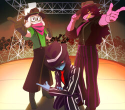  1boy 1girl 1other alternate_costume animal_ears bandana bandana_around_neck black_hair black_shirt blue_skin boots brown_boots brown_gloves closed_mouth colored_sclera colored_skin colored_teeth commentary_request cowboy_hat cowboy_western crowd deltarune fangs fedora floppy_ears freckles furry furry_female furry_male glasses gloves goat_boy goat_ears goat_horns green-framed_eyewear green_shirt grin hat hat_tip highres horns kris_(deltarune) long_hair looking_at_viewer mafia mixed-language_commentary necktie official_alternate_costume pants pink_bandana pointing pointing_at_viewer ponzudesu purple_hair purple_necktie purple_skin rafters ralsei red_eyes red_necktie shaded_face shadowguy_(deltarune) sharp_teeth shirt short_hair sleeves_rolled_up slit_pupils smile squatting stage striped_clothes striped_pants striped_suit suit susie_(deltarune) suspenders teeth the_fun_gang utdr_(toby_fox) white_fur yellow_sclera yellow_teeth 