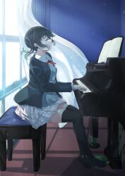  1girl absurdres black_hair black_jacket black_thighhighs closed_eyes commentary_request curtains gradient_background green_hair grey_vest highres indoors instrument jacket love_live! love_live!_nijigasaki_high_school_idol_club music nanao_(m44132yf) neck_ribbon nijigasaki_school_uniform open_mouth piano piano_bench playing_instrument playing_piano red_ribbon ribbon school_uniform sitting skirt solo takasaki_yu thigh-highs twintails vest white_skirt window winter_uniform zettai_ryouiki 
