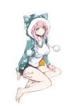  1girl bare_legs barefoot blue_eyes blush breasts jon_tw large_breasts long_hair looking_at_viewer nitroplus pink_hair pom_pom_(clothes) smile solo super_sonico 