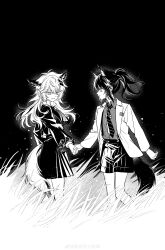  2girls absurdres animal_ears arknights black_background cowboy_shot cropped_jacket grass greyscale high_collar highres holding_hands lappland_(arknights) long_hair long_sleeves looking_at_another monochrome multiple_girls necktie official_artist_extra outdoors profile shorts skirt tail tall_grass texas_(arknights) watermark weibo_username weibo_watermark wolf_ears wolf_girl wolf_tail yan_yan_zhishi_naicha yuri 