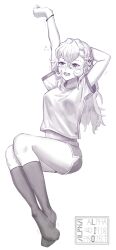  1girl alpha_(alpha_1918) bare_arms black_socks blush breasts bubble cross curly_hair dynamic_pose english_text findoworld hair_ornament highres invisible_chair long_hair medium_breasts midriff midriff_peek monochrome navel non-web_source official_art open_mouth original outstretched_arm russia shirt short_shorts short_sleeves shorts sitting socks sportswear squeans stretching t-shirt teeth thick_thighs thighs tongue white_hair 