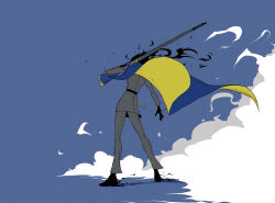  1boy black_coat black_pants blue_background blue_cape cape coat commentary_request der_freischuetz_(project_moon) full_body gun highres holding holding_gun holding_weapon korean_commentary lobotomy_corporation male_focus misg1111 pants project_moon rifle simple_background smoke solo standing two-sided_cape two-sided_fabric two-tone_cape weapon yellow_cape 