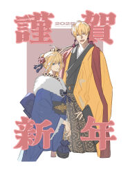  1boy 1girl 2025 absurdres ahoge artoria_pendragon_(fate) blonde_hair closed_mouth clothing_request commentary_request fate/grand_order fate_(series) floral_print folding_fan gilgamesh_(fate) green_eyes hair_between_eyes hand_fan hand_up highres holding holding_fan japanese_clothes kimono looking_at_viewer open_mouth raisakaki01 red_eyes saber_(fate) saber_(first_sunrise)_(fate) short_hair smile translation_request 