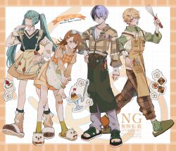  2boys 2girls aoyagi_touya apron bandaid bandaid_on_knee bandaid_on_leg biscuit_(bread) blonde_hair blue_hair booo!_(vocaloid) border bow bracelet brown_hair buttons cherry_earrings closed_mouth collared_shirt commentary_request cupcake drawstring earrings flower food food-themed_earrings fruit full_body green_eyes green_socks grey_eyes grey_hair hair_between_eyes hair_ornament hairclip hanasato_minori hand_on_own_hip hand_up hatsune_miku highres holding holding_whisk hood hoodie index_finger_raised jewelry layered_shirt long_hair long_sleeves looking_at_viewer multicolored_hair multiple_boys multiple_girls necklace official_alternate_costume open_hand open_mouth orange_eyes partially_unbuttoned pocket project_sekai shirt short_hair slippers socks sorase_(so17p) split-color_hair spoon standing strawberry sweater_vest tenma_tsukasa three-quarter_sleeves twintails two-tone_hair v-neck watch watch watermark whisk white_apron 