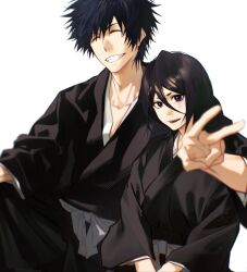  1boy 1girl arm_around_shoulder black_hakama black_kimono bleach blush chinese_commentary closed_eyes closed_mouth collarbone commentary grin hair_between_eyes hakama highres ihsekodwww japanese_clothes kimono kuchiki_rukia looking_at_viewer open_mouth sash shiba_kaien shihakusho short_hair simple_background sitting smile v violet_eyes waist_sash white_background 