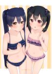  2girls alternate_hairstyle bare_shoulders black_hair blue_hair blush bra character_name cowboy_shot flat_chest frilled_bra frilled_panties frills long_hair looking_at_viewer love_live!_school_idol_project mashimaru_(muzikluva) multiple_girls navel panties red_eyes sonoda_umi underwear very_long_hair wings yazawa_nico yellow_eyes 