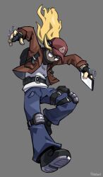  1girl backpack bag baseball_cap belt black-framed_eyewear black_bag black_belt black_gloves black_scarf black_shoes blonde_hair blue_pants brown_jacket cellphone closed_mouth colored_shoe_soles commentary crossdressing crossdressing_(ftm) denim drawstring english_commentary facing_down falling fingerless_gloves flat_chest freckles from_below full_body glasses gloves grey_background hacker_(tower_defense_simulator) hands_up hat highres holding holding_phone hood hoodie jacket jeans knee_pads long_hair long_sleeves mr_plagu3 opaque_glasses open_clothes open_jacket pants phone red_hat roblox scarf shoes simple_background smartphone smile solo standing standing_on_one_leg straight_hair thick_eyebrows tower_defense_simulator twitter_username v-shaped_eyebrows white_hoodie wind 