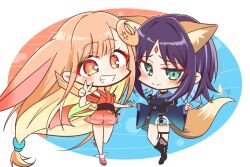  2girls animal_ears black_boots black_choker blonde_hair blue_hair blue_kimono blush boots chibi chibi_only cho_kaguya-hime! choker clenched_teeth clothing_cutout colored_inner_hair commentary_request fox_ears fox_girl fox_shadow_puppet fox_tail garter_straps green_eyes japanese_clothes kaguya_(cho_kaguya-hime!) kimono long_hair low-tied_long_hair medium_hair multicolored_hair multiple_girls open_mouth red_eyes red_kimono sakayori_iroha shoulder_cutout tail teeth very_long_hair w yukiguni773 