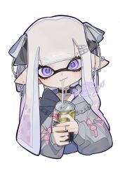  1girl black_choker can chinese_commentary choker commentary_request drink_can drinking drinking_straw ear_piercing eyelashes grey_hair grey_sweater hair_ornament hairclip head_tilt highres holding holding_can inkling inkling_girl inkling_player_character long_hair looking_at_viewer piercing simple_background soda_can solo splatoon_(series) sweater tentacle_hair teolog_spl upper_body violet_eyes white_background 