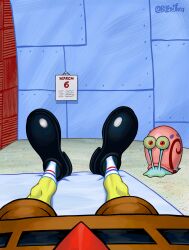  1boy artist_name bed bigeyedtuna black_shoes brown_pants colored_skin commentary english_commentary gary_(spongebob) highres indoors looking_at_viewer on_bed pants pov shoes snail socks spongebob_squarepants spongebob_squarepants_(series) white_socks yellow_skin 