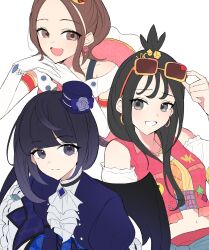  3girls :d alternate_costume ascot black_hair blunt_bangs bob_cut brown_eyes brown_hair choppy_bangs closed_mouth commentary cube_hair_ornament earrings elbow_gloves eyelashes eyewear_on_head flower_earrings gloves grey_eyes gwynn_(pokemon) hair_ornament harmony_(pokemon) hat highres hoop_earrings jewelry juliet_sleeves lida_(pokemon) long_hair long_sleeves looking_at_viewer midriff mini_hat multiple_girls navel nii_(marimo_416) open_mouth own_hands_together parted_bangs pokemon pokemon_legends:_z-a puffy_sleeves purple_hair purple_hat short_hair smile sunglasses unfinished violet_eyes white_ascot white_background white_gloves 