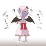  1girl ? bat_wings blue_hair dress fang haruna_mao hat hat_ribbon kickme looking looking_back mob_cap note pink_dress pinned puffy_short_sleeves puffy_sleeves red_eyes remilia_scarlet revision ribbon sash short_hair short_sleeves solo sweatdrop touhou translated turning_head wings wrist_cuffs 