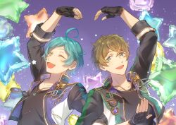  2boys ahoge arm_up black_gloves black_shirt blue_eyes blue_hair brown_hair commentary_request cropped_jacket ensemble_stars! fingerless_gloves gloves green_eyes hand_up heart_arms high_collar hikku_(hrhranpontan) jacket jewelry looking_at_another male_focus multiple_boys necklace one_eye_closed open_clothes open_hands open_jacket open_mouth parted_bangs purple_background shinkai_kanata shirt short_hair smile star_(symbol) star_balloon star_necklace takamine_midori three-quarter_sleeves upper_body 