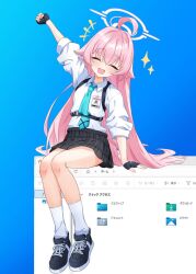  +++ 1girl ahoge aqua_necktie arm_up black_gloves black_shoes black_skirt blue_archive blush closed_eyes collared_shirt commentary_request cross-laced_shoes facing_viewer fang fingerless_gloves full_body gloves hair_spread_out halo highres hoshino_(blue_archive) id_card long_hair microsoft_windows necktie open_mouth plaid_clothes plaid_skirt school_uniform shirt shoes sidelocks sitting skirt socks solo sparkle translation_request u9ffo user_interface very_long_hair white_shirt white_socks windows_11 