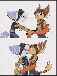  ? animal_nose black_eyes blue_fur body_fur brown_fur brown_gloves earrings face-to-face furry furry_female furry_male gloves goggles goggles_on_head green_pants hetero highres jewelry lombax looking_at_another mechanical_arms multiple_earrings noses_touching open_mouth orange_shirt pants ratchet_&amp;_clank ratchet_&amp;_clank:_rift_apart ratchet_(ratchet_&amp;_clank) red_scarf rivet_(ratchet_&amp;_clank) scarf shirt short_sleeves single_mechanical_arm sketch_soft10 striped_fur striped_tail tail 