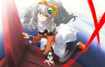  1girl arm_support blush bow drill_hair goggles goggles_on_head green_eyes hair_bow ika long_hair looking_at_viewer maria_balthasar mecha pantyhose ribbon sitting skirt solo wariza xenogears 