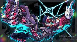  1boy alternate_costume axl_(mega_man) black_helmet black_pants black_shirt brown_hair commentary cropped_shirt cross_scar forehead_jewel full_body green_eyes helmet highres male_focus mega_man_(series) mega_man_x_(series) neon_trim pants red_helmet scar scar_on_face shirt solo spiky_hair tonebiro 