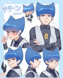  1boy adjusting_clothes adjusting_gloves blue_eyes blue_hair blunt_bangs blush character_name clenched_teeth closed_mouth commentary_request crossed_arms gloves grey_vest hand_up highres logo male_focus multiple_views pokemon pokemon_dppt saturn_(pokemon) shirt short_hair single_glove squiggle sugino_(su_ginoo) team_galactic team_galactic_uniform teeth vest 