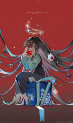  1girl absurdres aged_down angelia_(girls'_frontline) apple black_dress black_shoes blueblossom christmas_ornaments_in_hair dress food fruit gift girls_frontline grey_hair highres holding holding_food holding_fruit looking_at_viewer merry_christmas red_ribbon ribbon shoes sitting_on_gift_box solo white_ribbon 
