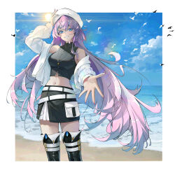  1girl absurdres asymmetrical_hair beach belt beret bird blue_eyes blue_sky blush boots border breasts commentary cowboy_shot eyelashes hair_between_eyes hat highres jewelry long_hair long_sleeves looking_at_viewer mango_(user_yerz4848) megurine_luka multiple_belts nail_polish navel necklace ocean off_shoulder outdoors outside_border pink_hair pink_nails reaching reaching_towards_viewer shore skirt sky sleeveless sleeveless_turtleneck solo standing sun thigh_boots turtleneck very_long_hair vocaloid white_border 